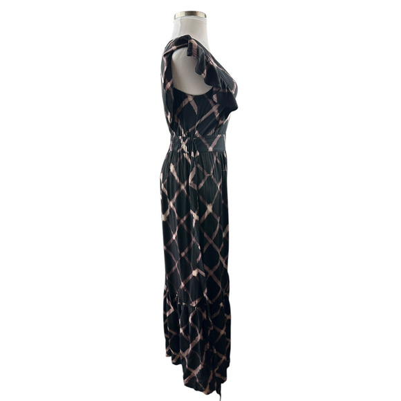 The Odells Seville Ruffle Maxi Dress Printed Tie Belt Pockets Black Size Small - Picture 13 of 16